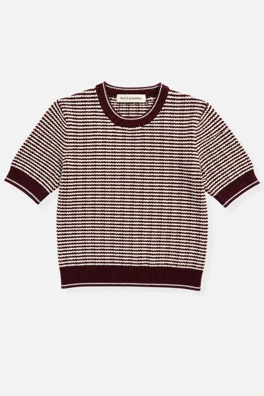 NEW WHITE + WARREN women's cotton boucle tee in sangria/ivory